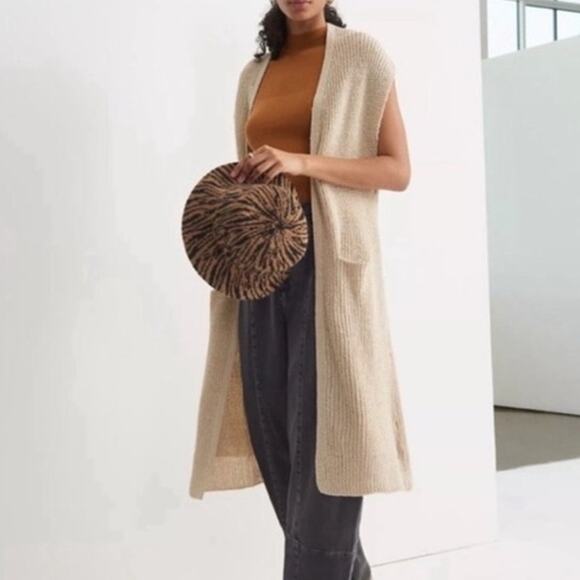 Anthropologie Akemi + Kin Long Kimono Vest OS Tan Cream Sleeveless Knit Cardigan - Picture 3 of 15